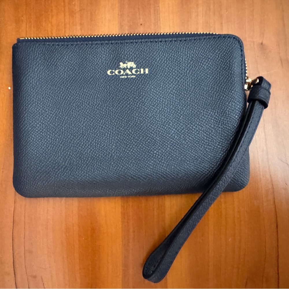 Coach Navy Leather Wristlet with Gold Accent